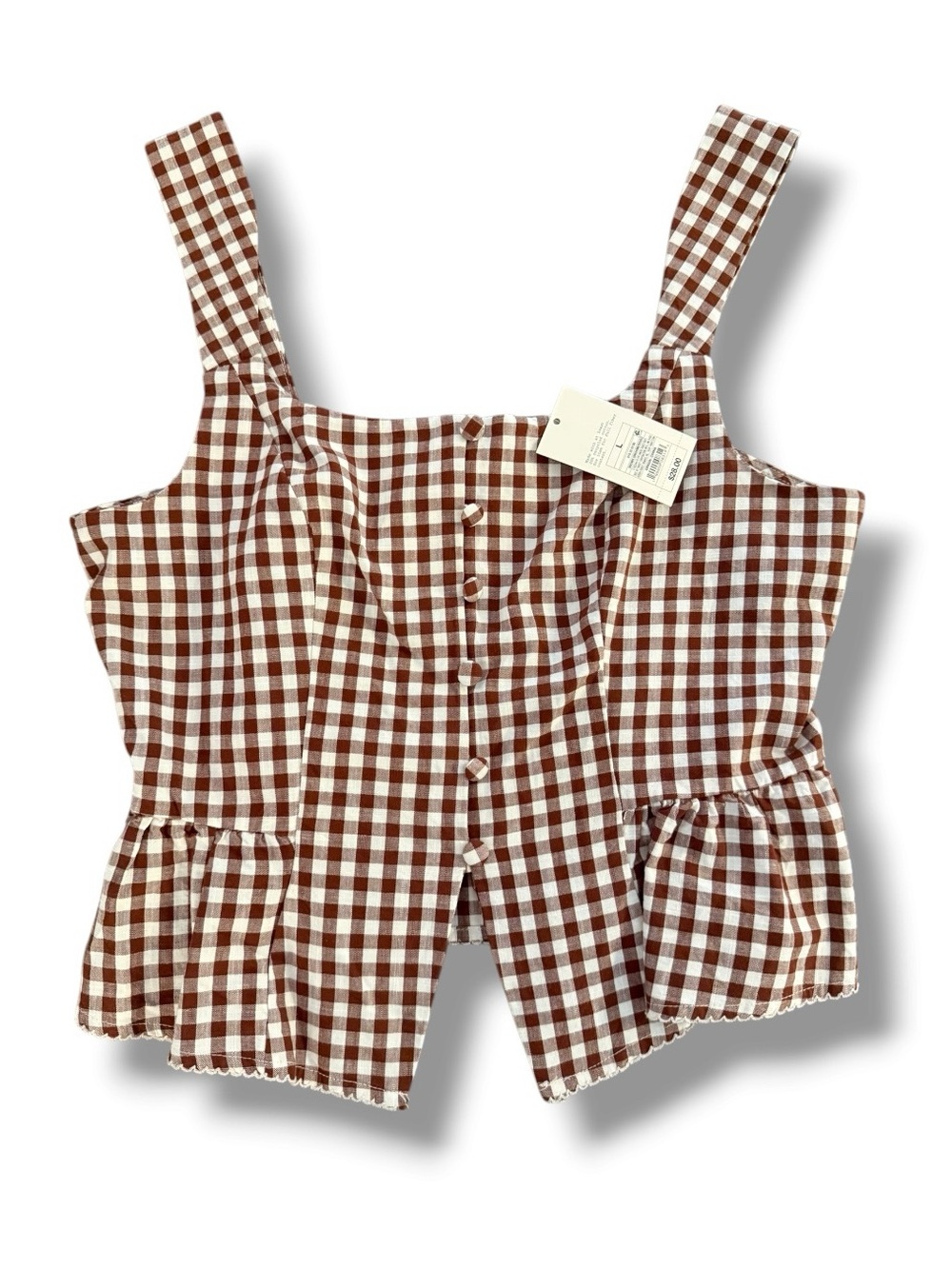 NWT Button-Front Peplum Tank Top Blouse in Brown Gingham, Women’s Large - Picture 3 of 10